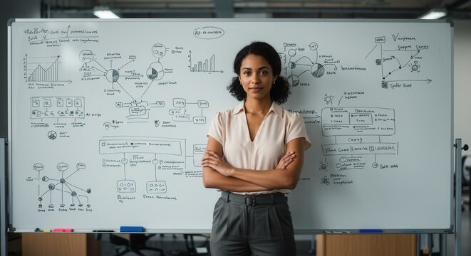 Confident businesswoman presenting strategy on whiteboard at office