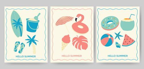 Set of vintage greeting cards for summer. Hand drawn frames with flamingos, ice cream, pineapple, tropic leaves, cocktails, plum tree, watermelon, 
lemon, beach accessories template for poster, banner