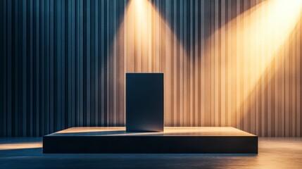 Dark, moody stage with spotlight on a blank black pedestal.