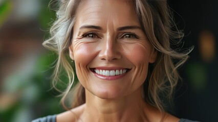 Fototapeta premium A close-up of a smiling mature woman's face showing joy and confidence.