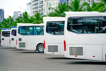 Fototapeta premium The rear of the bus with a luggage compartment in a row, parking of tourist buses in a parking lot in the city
