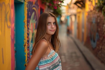 Naklejka premium teen girl posing in colorful alley during summer vacation
