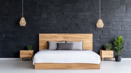 Modern bedroom with wooden headboard and black stone wall