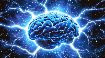 Brain Power Concept: Neural Activity, Electrical Impulses, Intelligence, Cognitive Function, Neurology, Science, Blue Lightning Art