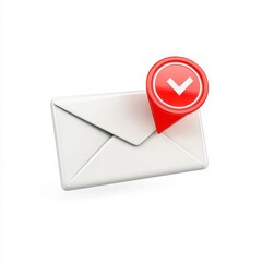 3D Render of White Envelope with Red Check Mark Notification