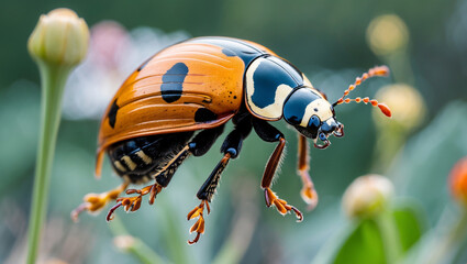 Detailed Close Up Of A Harlequin Ladybug On A Bud With Blurred Background