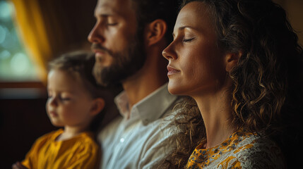 Fototapeta premium A serene family of three adults and a young child sits together quietly meditating peacefully in warm indoor lighting at home.