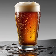 Refreshing glass of beverage with condensation and a frothy top.