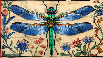 Medieval Illuminated Manuscript Dragonfly With Floral Border Intricate Detail And Vibrant Colors