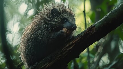 A porcupine perched in a tree eating a delicious snack