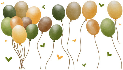 Set of green, olive, yellow, beige balloons isolated on white background. © Ann