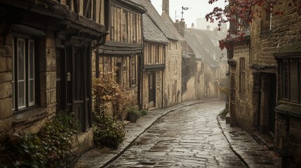 Misty Medieval Street: A Picturesque Cobblestone Lane in England