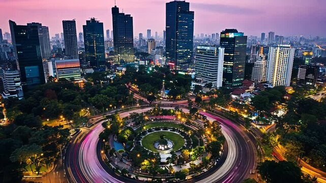 Captivating aerial twilight view of Jakarta's skyline and roundabout with light trails