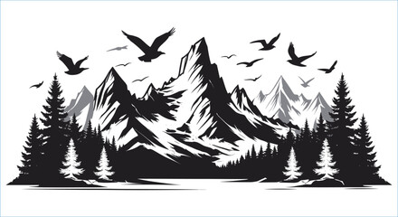 Obraz premium Mountain landscape with flying birds silhouettes vector design