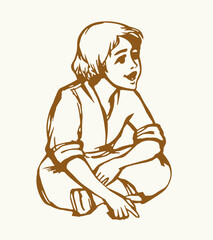 Vector illustration. Small boy sitting on the ground
