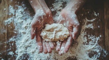 A close-up of hands kneading dough on a floured wooden surface, rustic and warm.