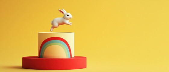 Fototapeta premium playful bunny leaps over colorful rainbow on vibrant yellow background, evoking joy