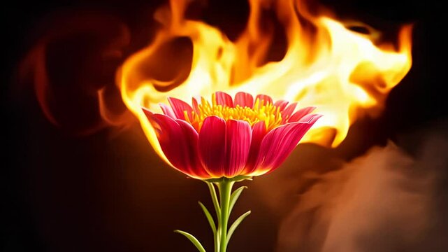 Burning Flower Bloom Ablaze: Floral Inferno with Delicate Petals and Fiery Embrace