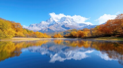 Serene autumnal mountain lake reflecting a snow-capped peak
