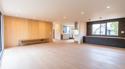 A bright spacious open plan living room features light wood floo, a modern kitchen with dark cabinetry, and a stylish wood paneled accent wall creating a contemporary and