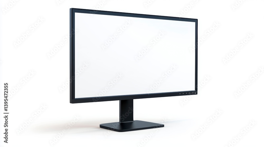 Poster modern black computer monitor with blank white screen isolated on white background.