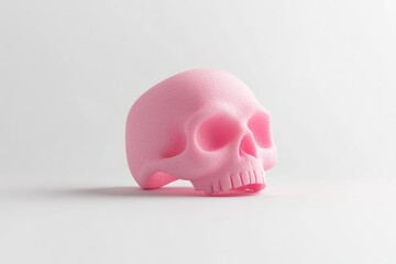 Fototapeta premium Pink skull on white background. A 3D printed, light pink skull, angled to the side, sits on a plain white surface. It appears smooth yet textured