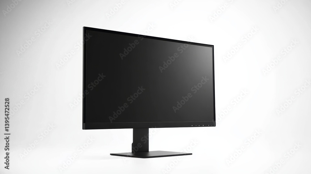 Poster sleek black computer monitor on white background, angled view.