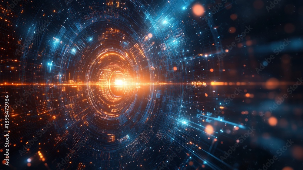 Poster abstract digital rendering of a glowing futuristic cyberspace network with intricate circular patter