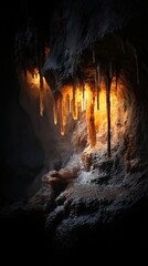 Golden Stalactites illuminate the textured cavern in a natural wonder.