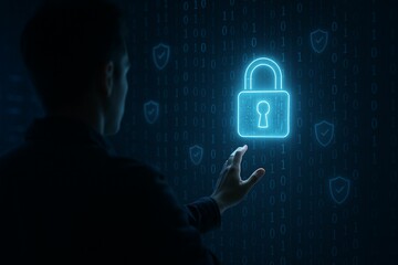 Person Reaching for Glowing Digital Lock in Tech Environment
