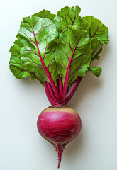 Fresh organic beetroot with vibrant green leaves and rich purple-red stem, isolated on white background, perfect for healthy food, vegetarian diet, and farm-to-table concepts
