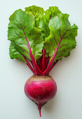 Fresh organic beetroot with vibrant green leaves and rich purple-red stem, isolated on white background, perfect for healthy food, vegetarian diet, and farm-to-table concepts