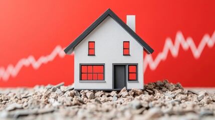 Miniature house model on rubble, against a backdrop of a red chart depicting fluctuating market trends