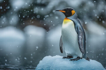 Fototapeta premium A penguin standing on an iceberg surrounded by ice water and snow, Christmas magazine style.