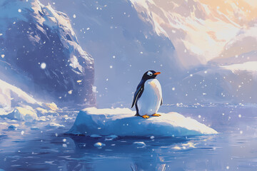 Obraz premium A penguin standing on an iceberg surrounded by ice water and snow, Christmas magazine style.