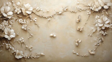 Fototapeta premium Romantic luxury wedding mural with a floral arrangement, pearl embellishments, and softly glowing butterflies.