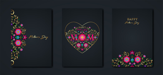 Happy Mothers day vector set greeting card. Gold and colorful floral texture on black background. Luxury holiday poster concept for mother's day banner, flyer, party invitation, gift shop, templates