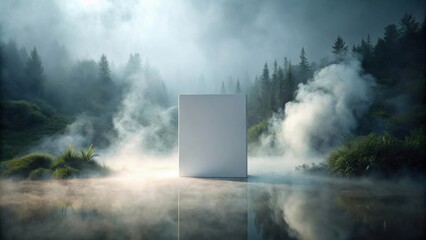 Enigmatic Blank Panel in a Misty Forest Landscape