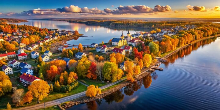Aerial View of Ples Town, Volga River, Autumn Landscape - Scenic Russian Tourism