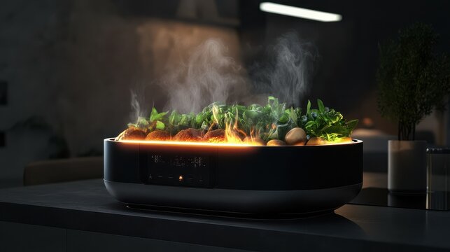 A futuristic kitchen appliance steaming fresh food with radiant light