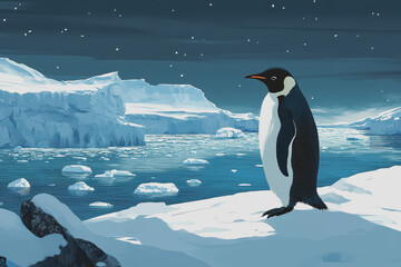 Fototapeta premium A penguin standing on an iceberg surrounded by ice water and snow, Christmas magazine style.