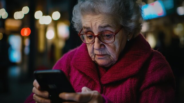 An elderly woman looks at her smartphone with a concerned expression