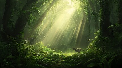 Dinosaur in sunlit jungle clearing.