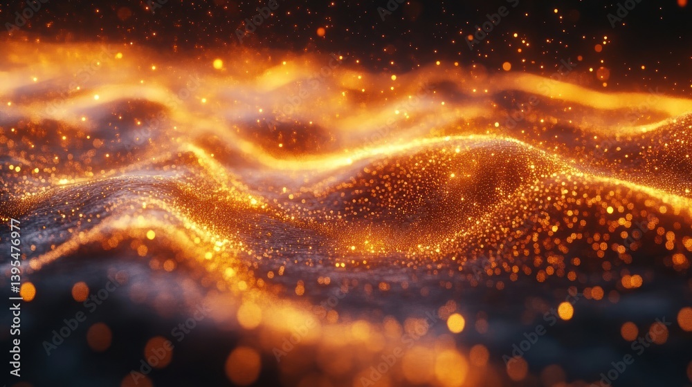 Poster an abstract landscape of golden particles flowing like liquid creating a dynamic and luminous textur