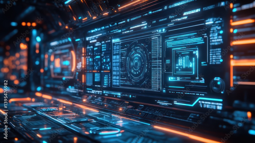 Poster futuristic interface panel with complex data displays showing glowing icons and intricate geometric 