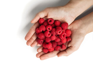 Woman hands holding raspberries isolated on white background. Handful raspberry, healthy food,...