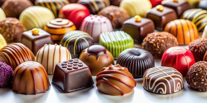 Belgian Pralines: Close-up of Assorted Chocolate Candies on White Background