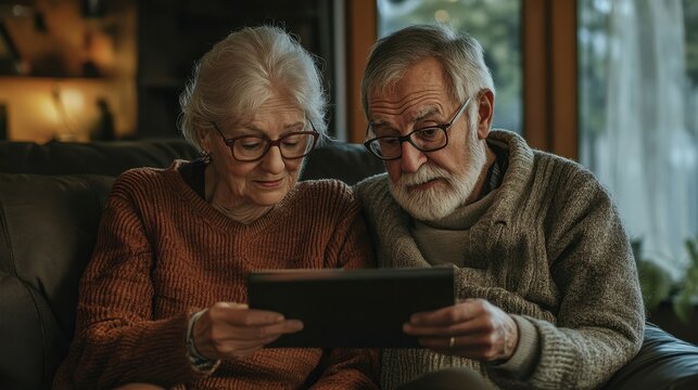 Two older adults share a tablet device while looking at it