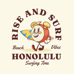 Summer Sunny Surfing Retro Cartoon Character Label. Groovy Alarm Clock with Surf Board Illustration with Typography. Beach Personage Walking Smiling Vintage Vector Drawing Logo Poster Isolated