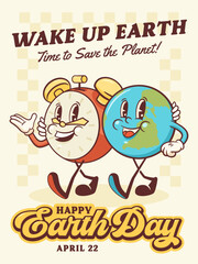 Earth Day Celebration Groovy Retro Cartoon Characters Poster Greeting Card. Happy Planet and Sun Smiling Personage Template Vector Mascot Illustration in Trendy Vintage Comic Style Isolated